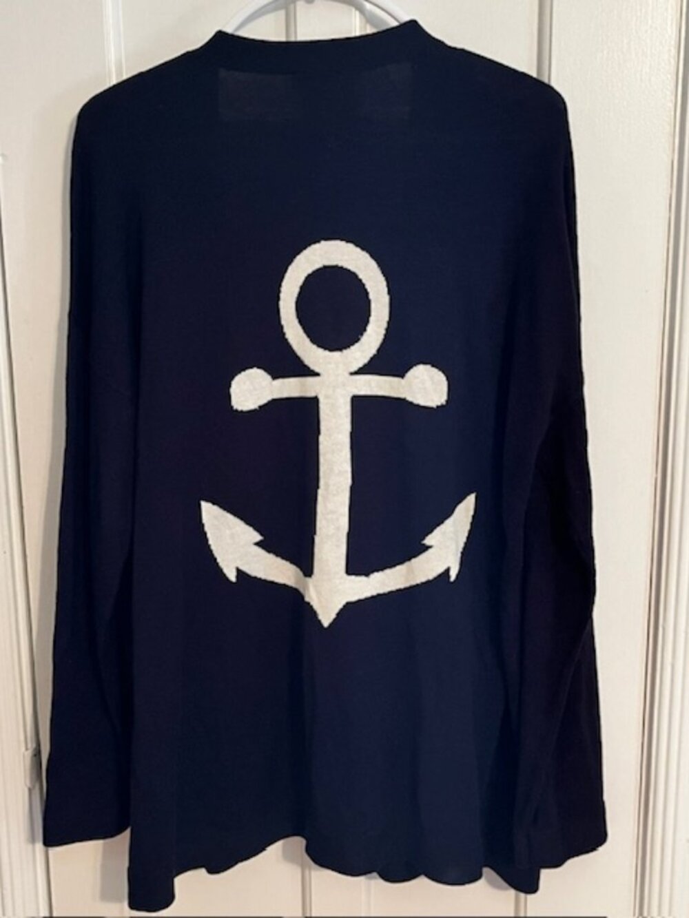 TALBOTS  NAVY BLUE CARDIGAN, ANCHOR ON BACK, XL, NAUTICAL; EXCELLENT CONDITION!